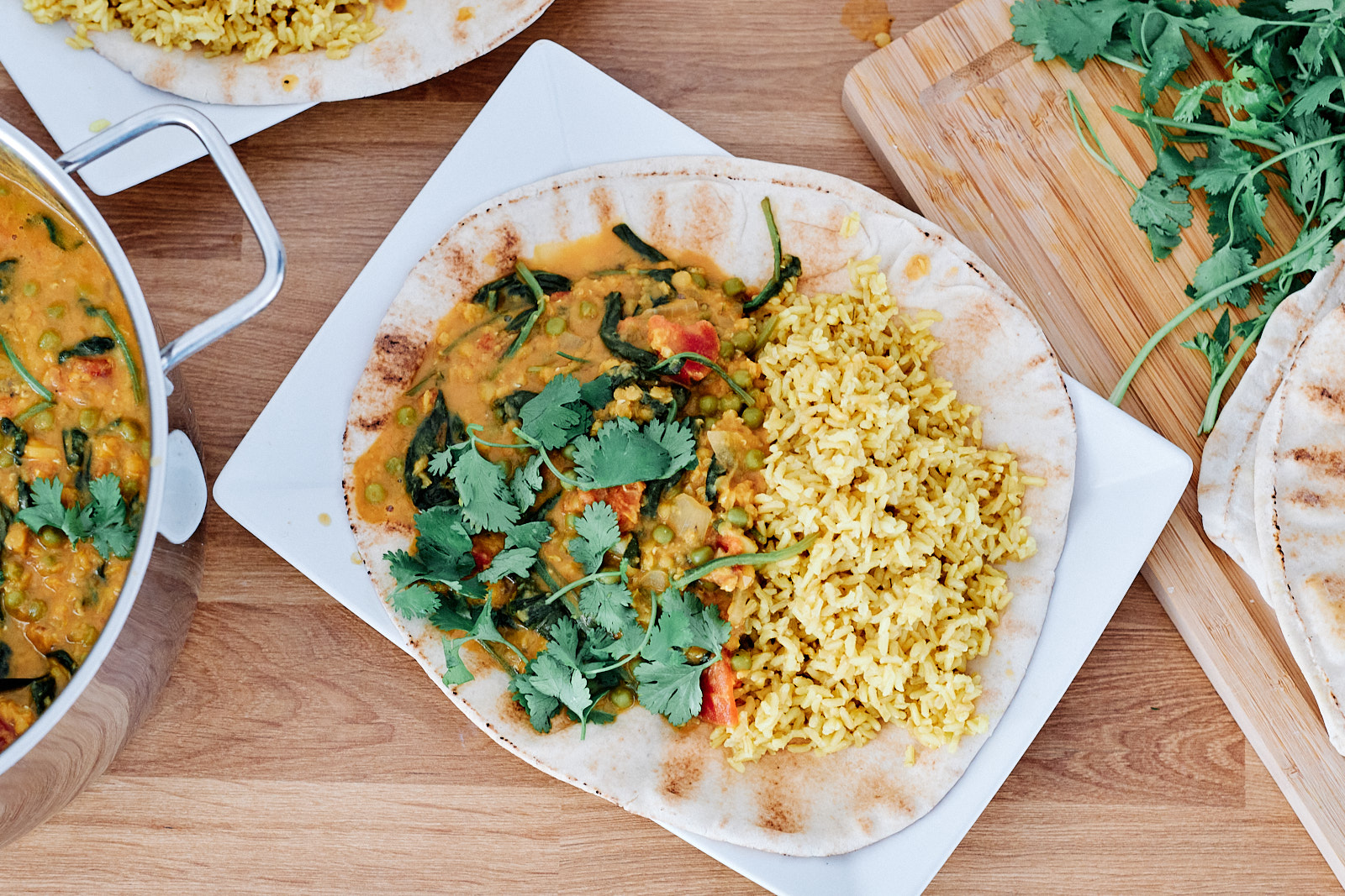This Indian dish is made with red lentils, spinach and peas. The turmeric, cumin, masala and chili powder make this dish nice and spicy. Serve with warm naan bread.